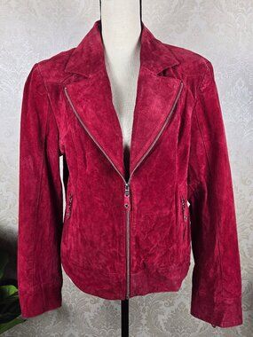 Pamela McCoy Size Large Red Suede Zip Front Leather Jacket Pockets Long Sleeves